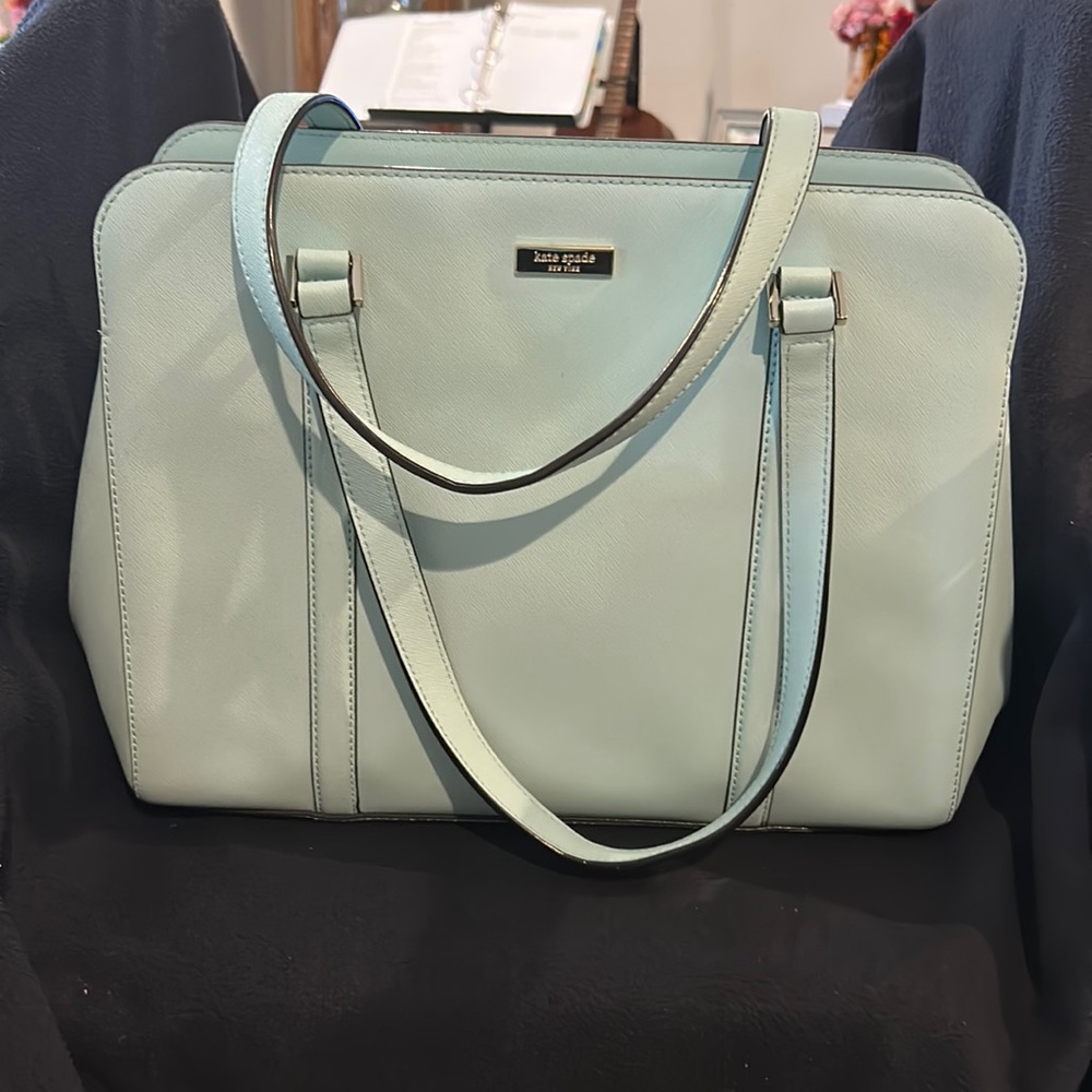 Kate spade light turquoise bag, approximately 12 x 11 1/2 divided into three